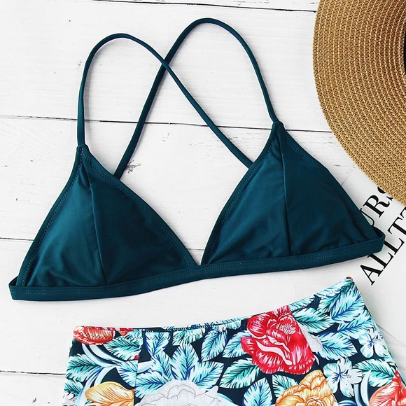 ⚡️🇺🇸🆕➕Blue triangle top high waist floral set - Picture 4 of 6